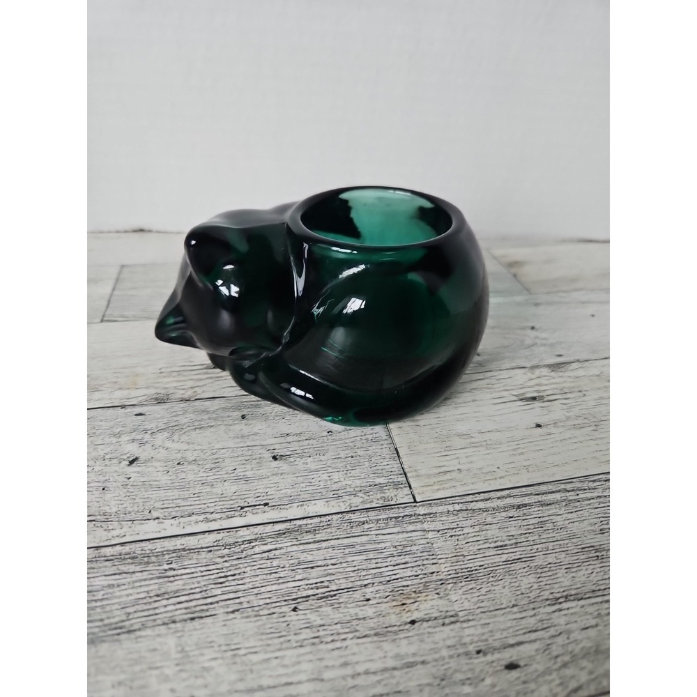 Indiana Glass Emerald Green Kitten Cat Votive Candle Holder Heavy